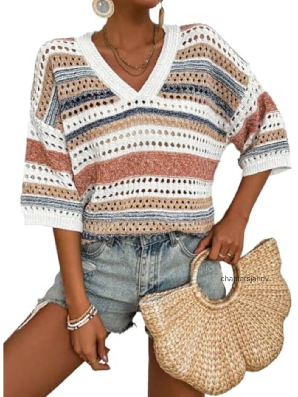 Crochet Short Sleeve Sweater V-Neck Striped Hollow Out Knit Pullover
